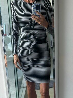 Nicole Miller Black White Striped Ruffle Dress Long Sleeve